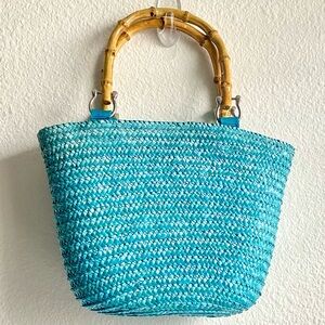 St. John’s Bay Blue Woven Tote Bag with Bamboo Handles